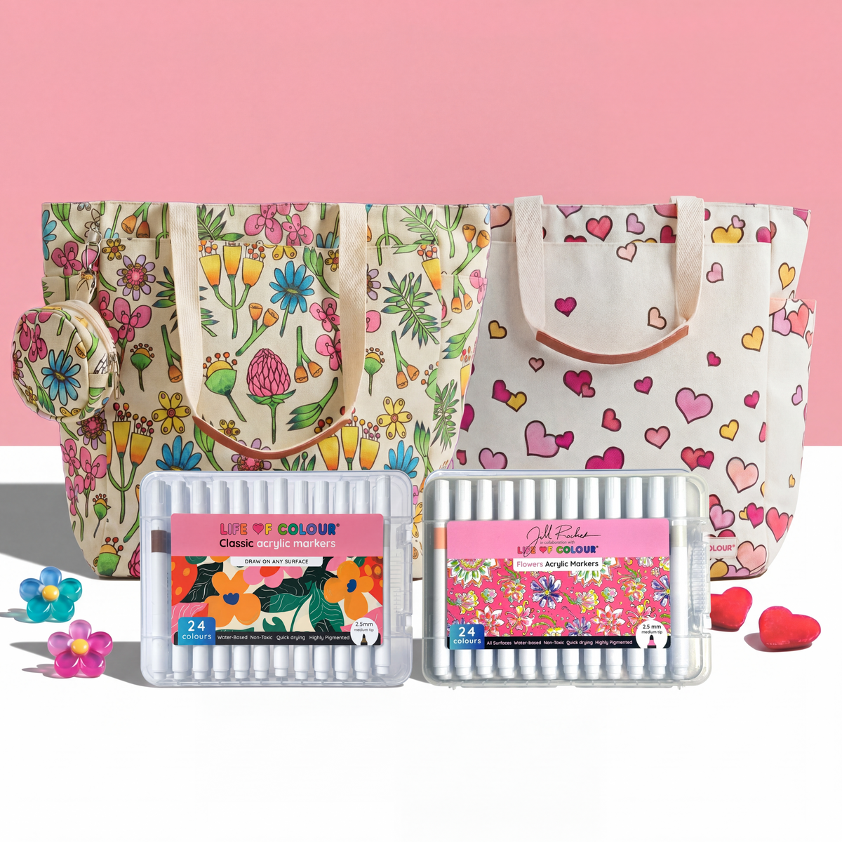 DIY Doodle Bag Bundle - Wildflower & Falling Heart Tote Bags & Acrylic Markers