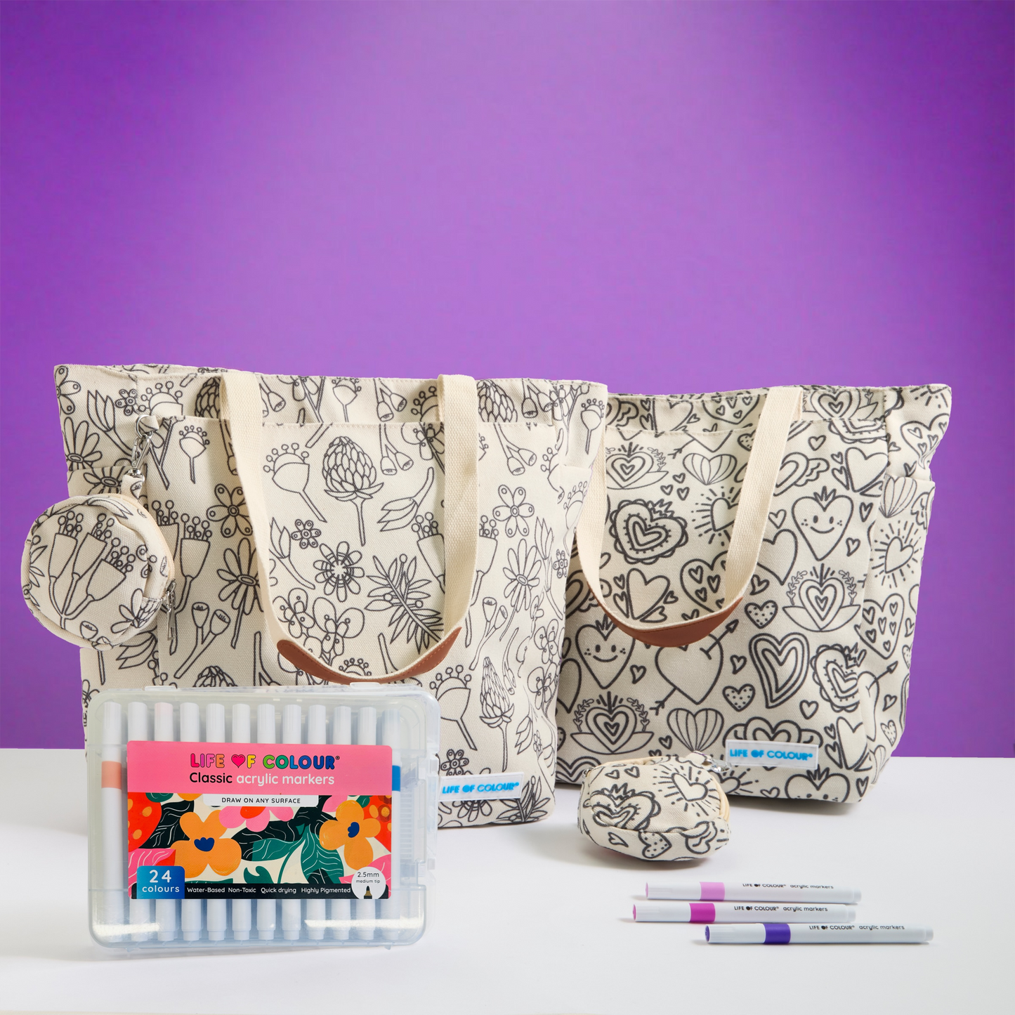 DIY Doodle Bag Bundle - Wildflower & Love Heart Tote Bags & Acrylic Markers