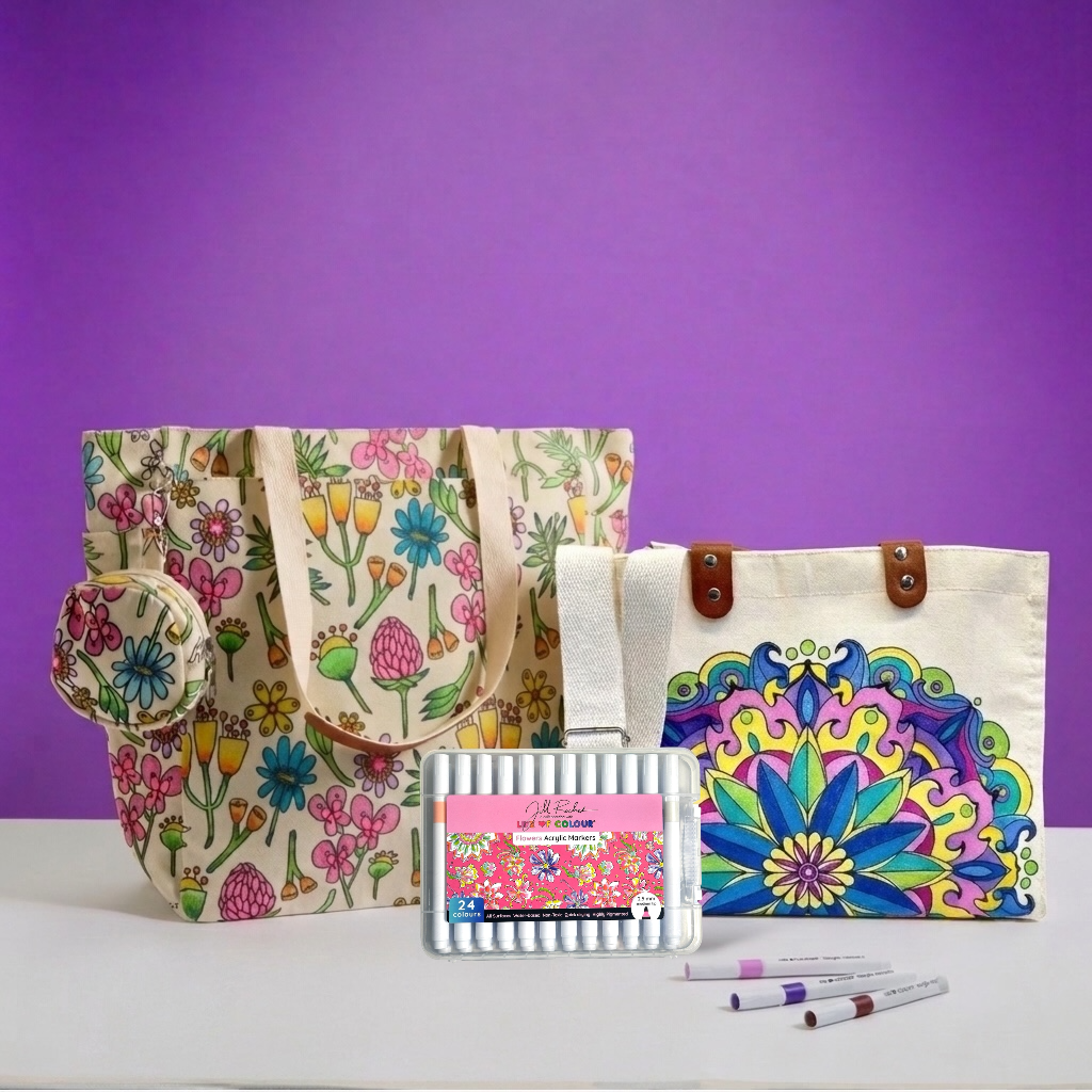 DIY Doodle Bag Bundle - Wildflower Tote Bag and Mandala Hand Bag & Acrylic Markers