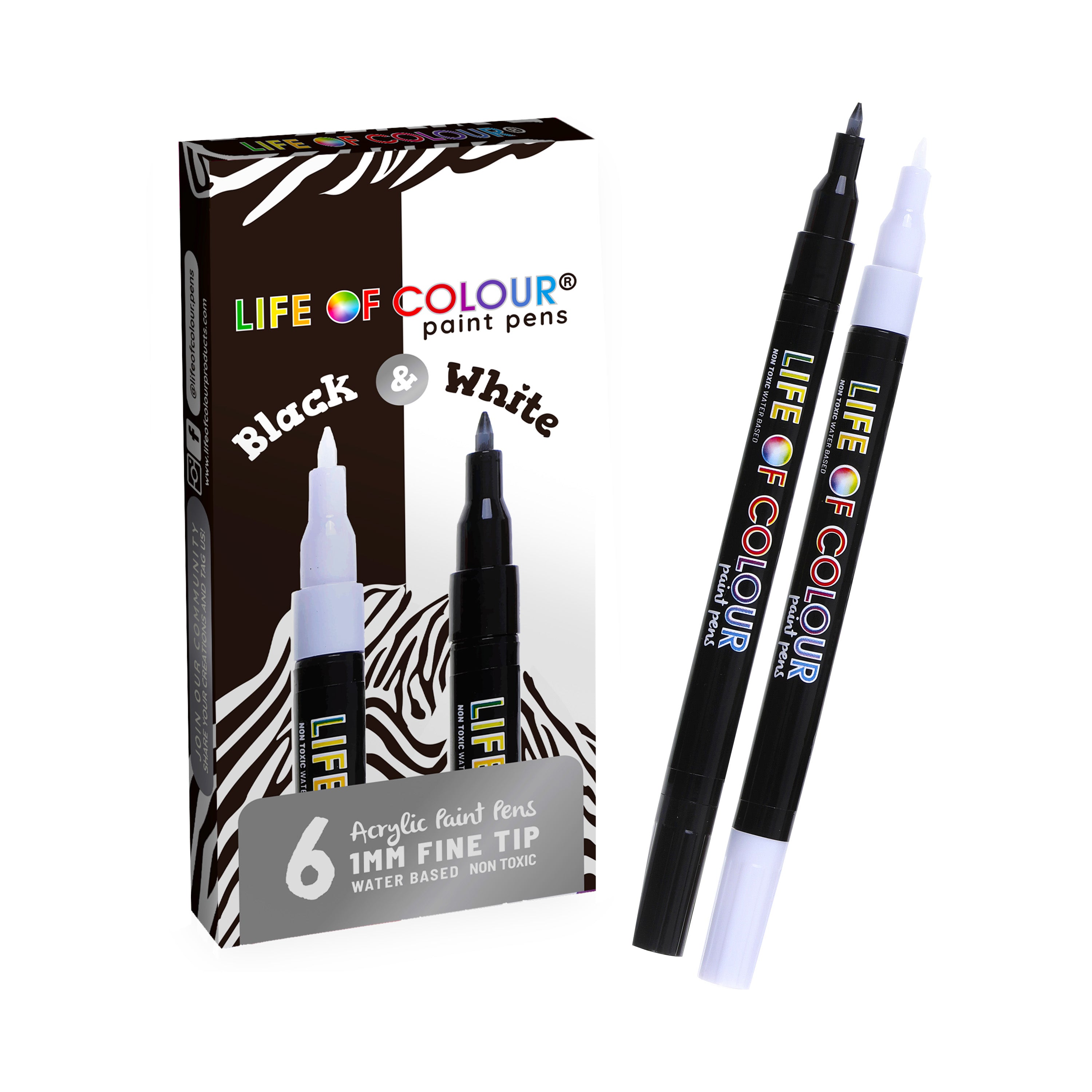 Black and White 1mm Fine Tip Acrylic Paint Pens – Set of 6 – Life of Colour