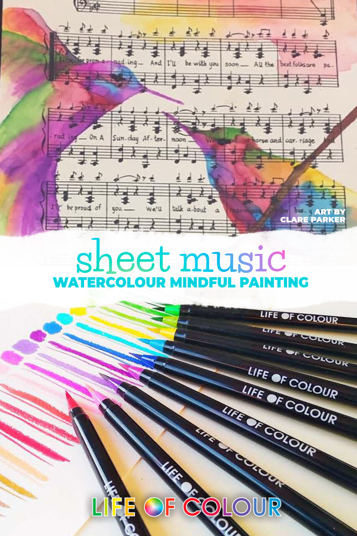 Relaxing and mindful watercolour art on sheet music