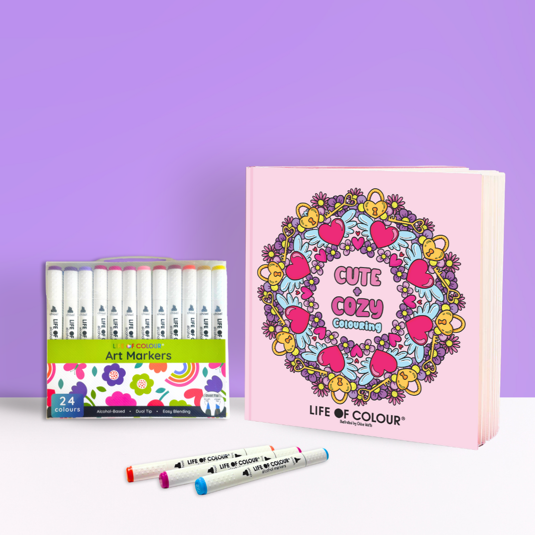 Cute and Cosy Colouring Book and Art Markers Bundle
