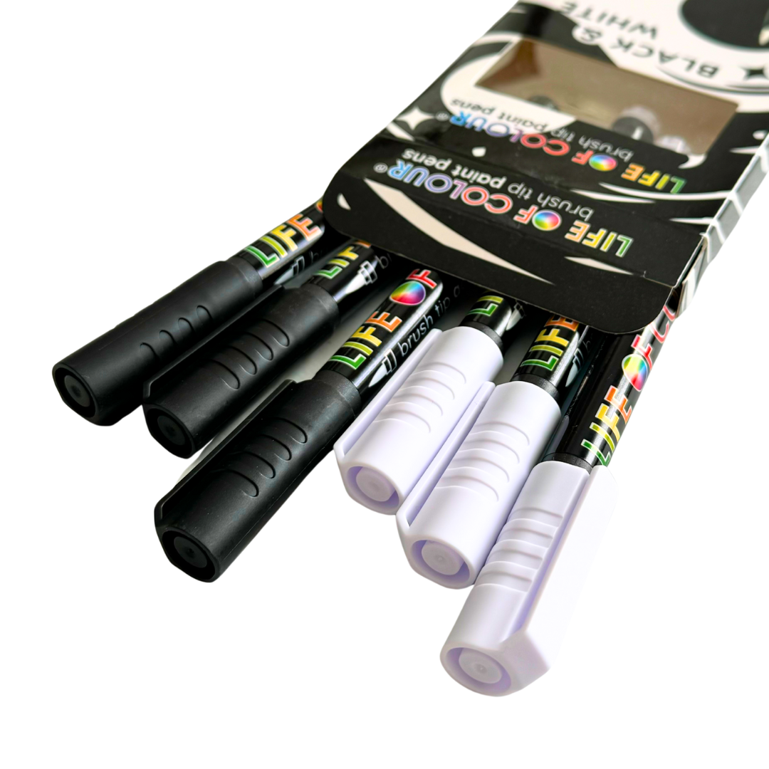 Black and White Brush Tip Acrylic Paint Pens – Set of 6 – Life of Colour