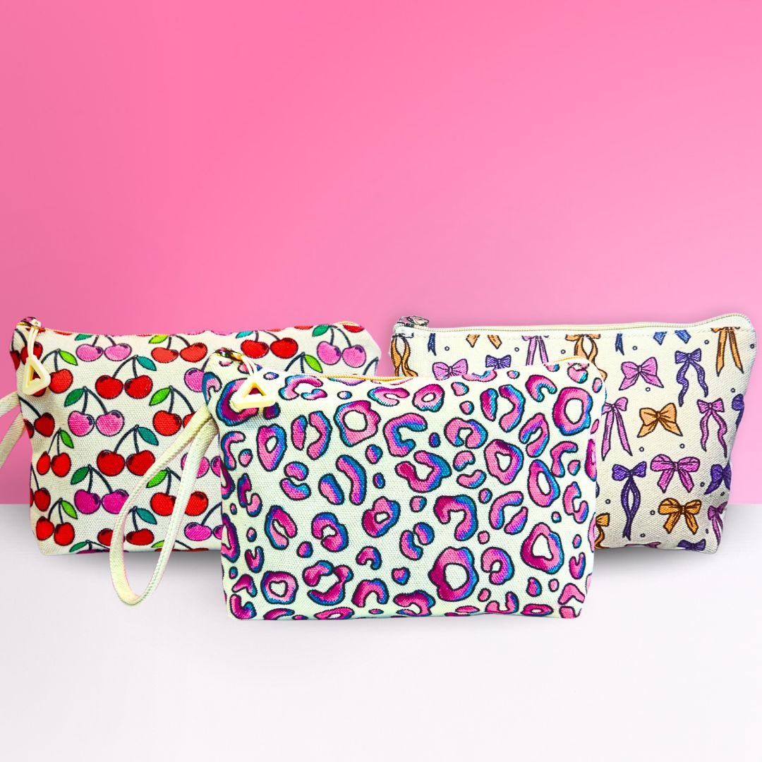 DIY Essentials Pouch Bundle of 3 - Leopard Print, Bows and Cherry - No Pens