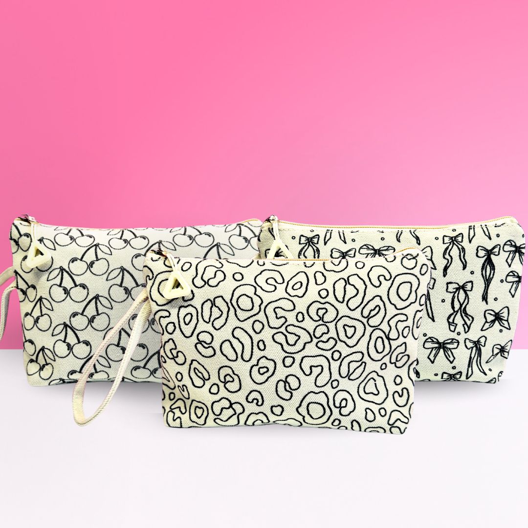 DIY Essentials Pouch Bundle of 3 - Leopard Print, Bows and Cherry - No Pens