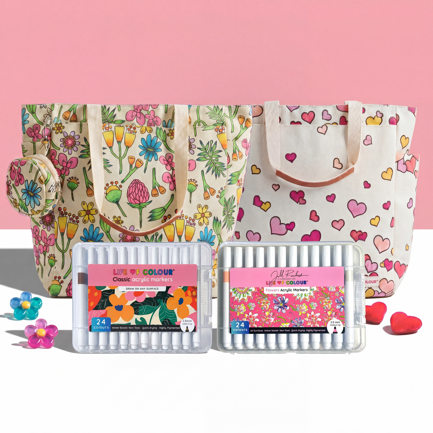 DIY Doodle Bag Bundle - Wildflower & Falling Heart Tote Bags & Acrylic Markers