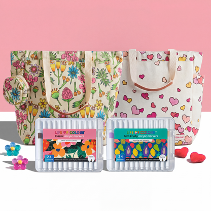 DIY Doodle Bag Bundle - Wildflower & Falling Heart Tote Bags & Acrylic Markers