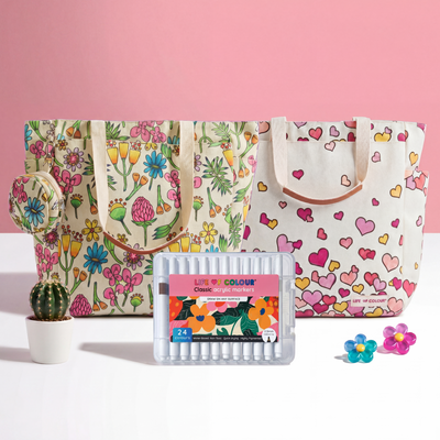 DIY Doodle Bag Bundle - Wildflower & Falling Heart Tote Bags & Acrylic Markers