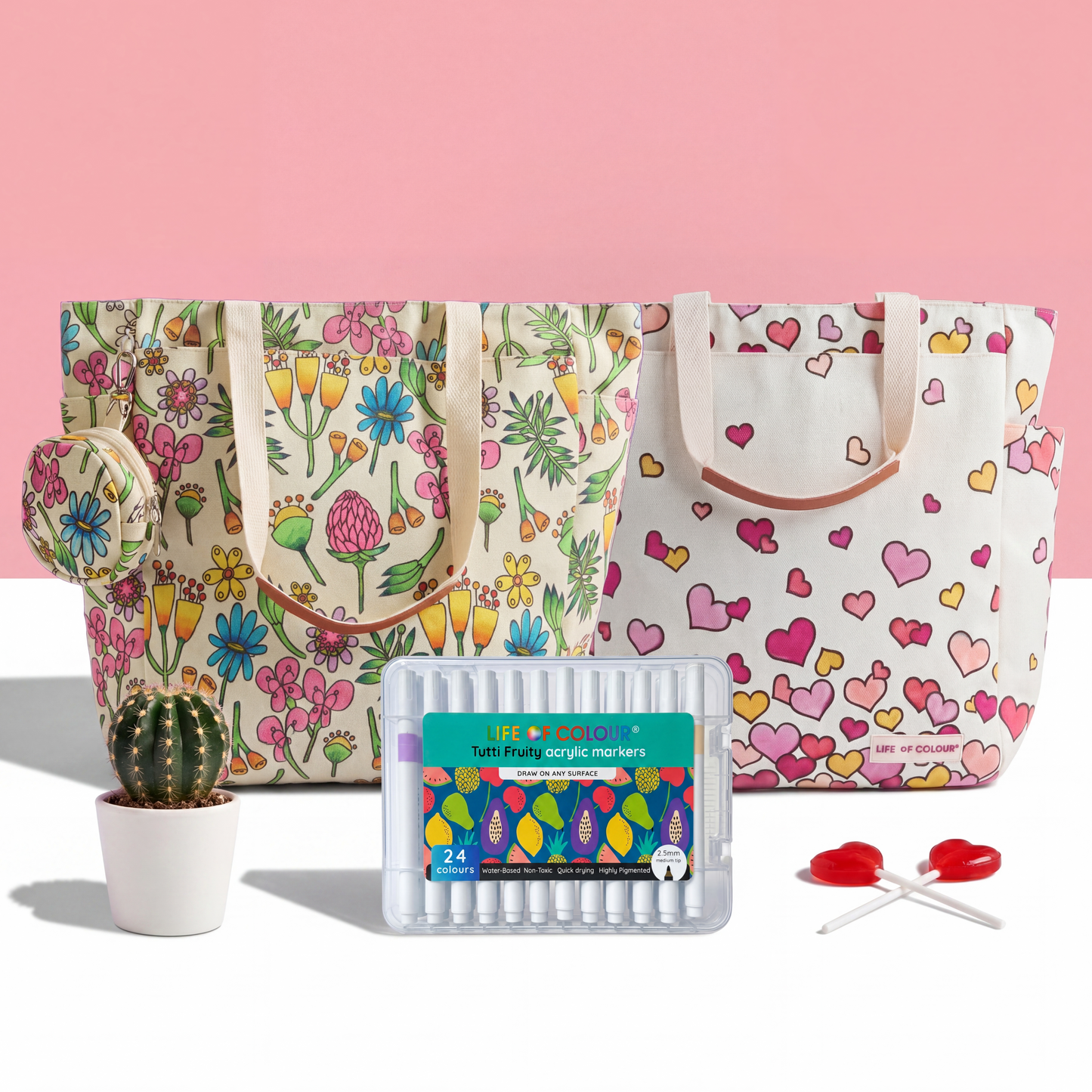 DIY Doodle Bag Bundle - Wildflower & Falling Heart Tote Bags & Acrylic Markers