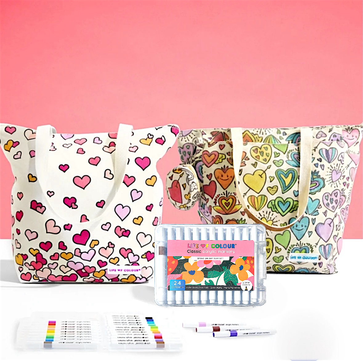 DIY Doodle Bag Bundle - Falling Hearts & Love Heart Tote Bags & Acrylic Markers
