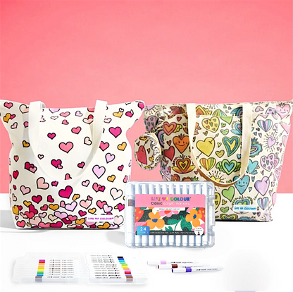 DIY Doodle Bag Bundle - Falling Hearts & Love Heart Tote Bags & Acrylic Markers