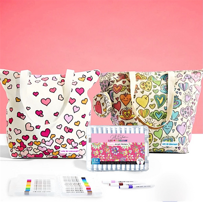 DIY Doodle Bag Bundle - Falling Hearts & Love Heart Tote Bags & Acrylic Markers