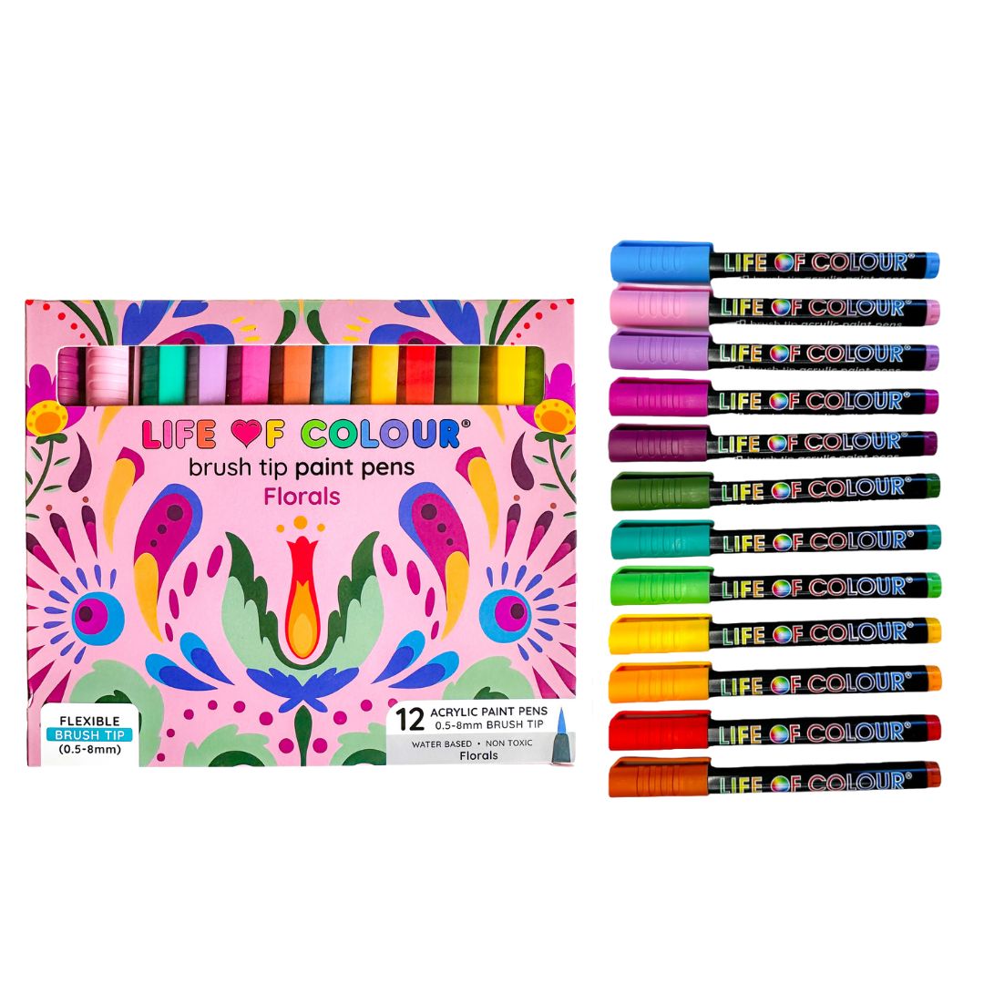 Floral Colours Brush Tip Acrylic Paint Pens - Set of 12