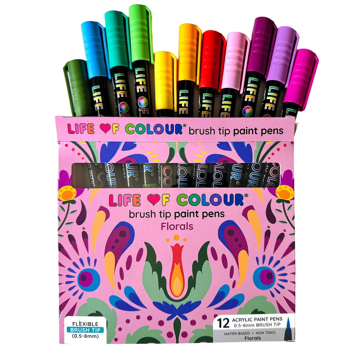 Floral Colours Brush Tip Acrylic Paint Pens - Set of 12
