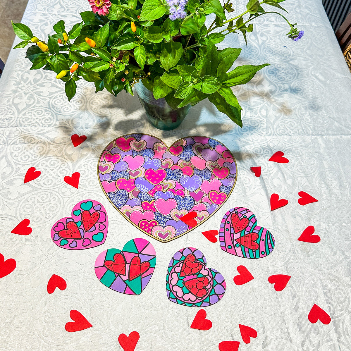 Colourful Hearts Valentine&#39;s Day Large Gift Set - 4 Love Heart coasters and 1 Large Hearts Board with acrylic markers