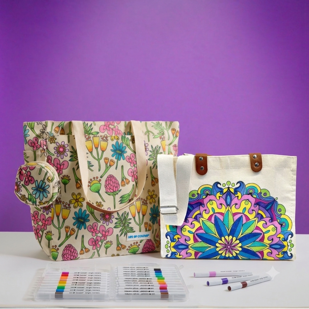 DIY Doodle Bag Bundle - Wildflower Tote Bag and Mandala Hand Bag & Acrylic Markers