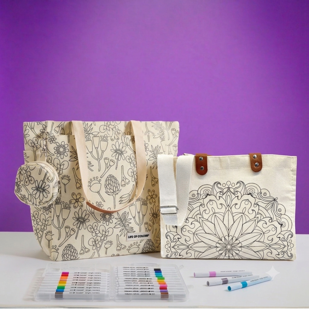 DIY Doodle Bag Bundle - Wildflower Tote Bag and Mandala Hand Bag & Acrylic Markers