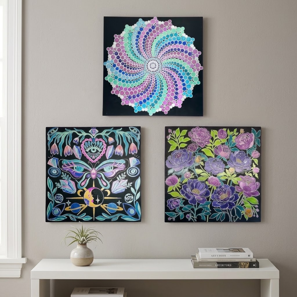 Metal Poster Painting Kit Bundle of 3 - Peonies, Spiral and Mystical