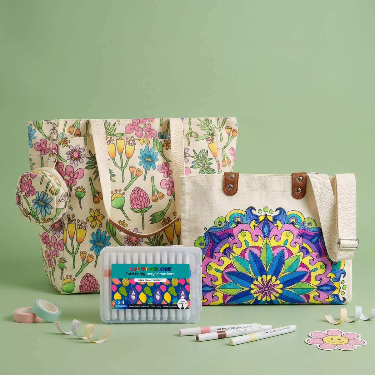 DIY Doodle Bag Bundle - Wildflower Tote Bag and Mandala Hand Bag & Acrylic Markers