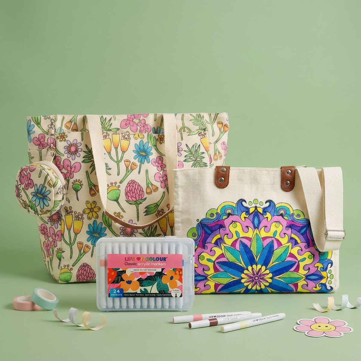 DIY Doodle Bag Bundle - Wildflower Tote Bag and Mandala Hand Bag & Acrylic Markers