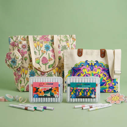 DIY Doodle Bag Bundle - Wildflower Tote Bag and Mandala Hand Bag & Acrylic Markers