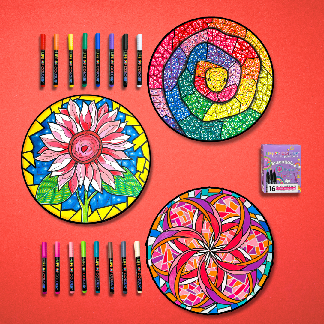 Life of Colour Mosaic Painting Kit - Flower Bundle with Essential Brush Tip Paint Pens