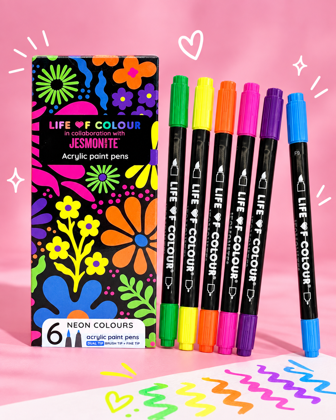 Jesmonite® x Life of Colour Neon Colour Dual Tip Acrylic Paint Pens - Set of 6