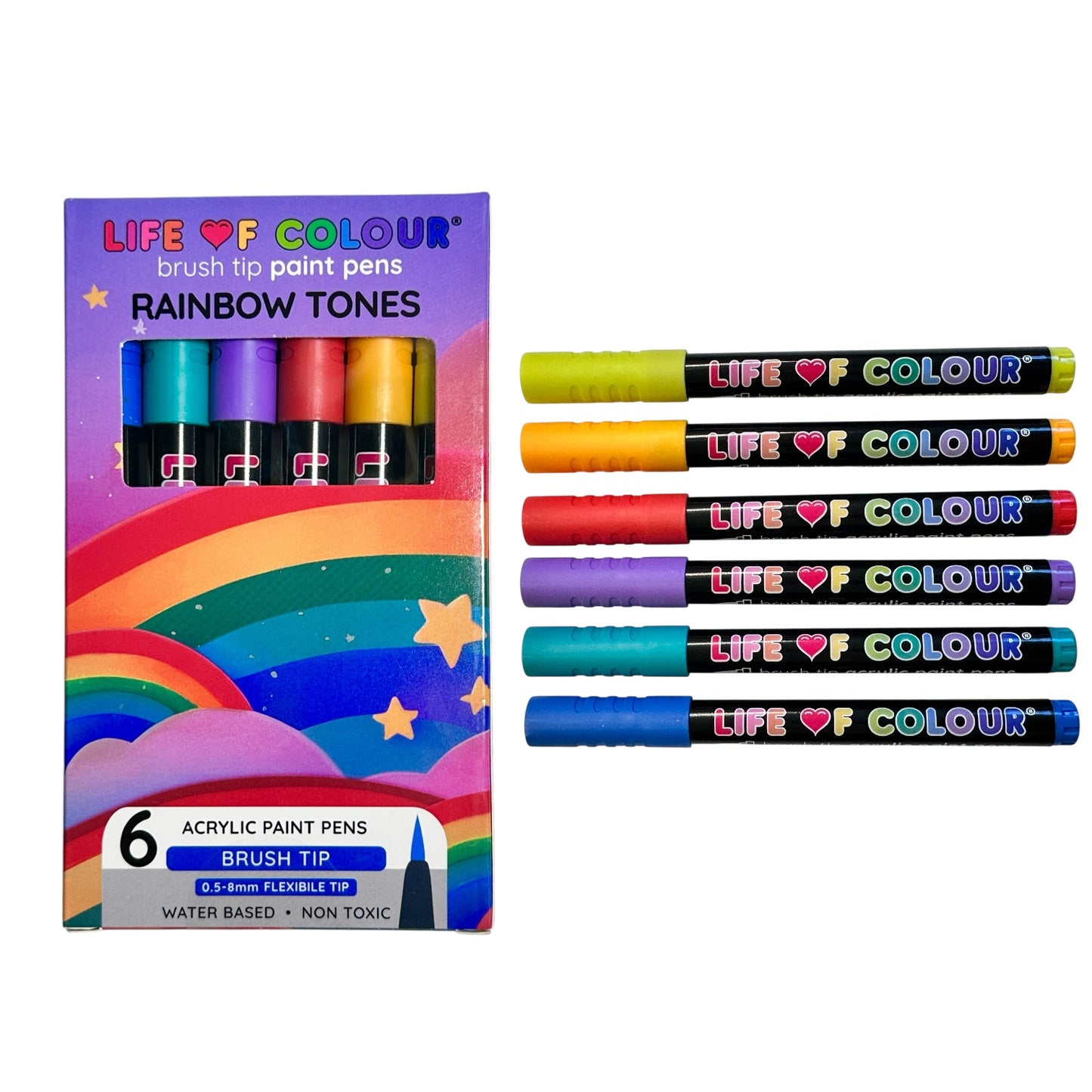 Rainbow Colours Brush Tip Acrylic Paint Pens – Set of 6