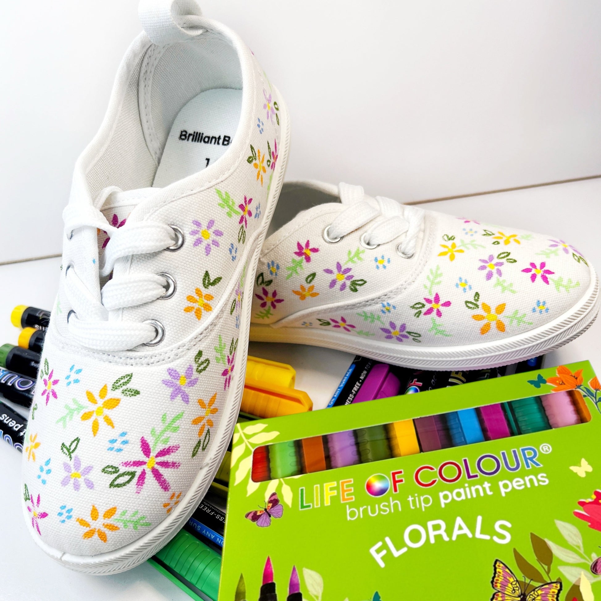 White Canvas Painted Shoes Easy Floral Colours Brush Tip Acrylic