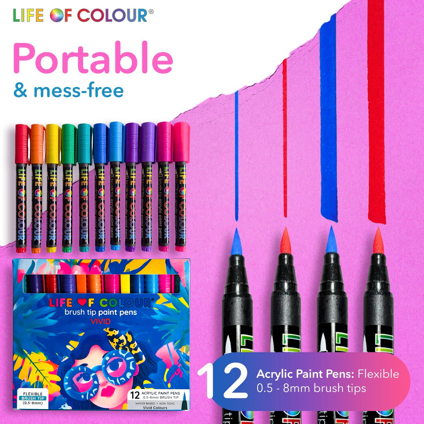Vivid Brush Tip Acrylic Paint Pens - Set of 12