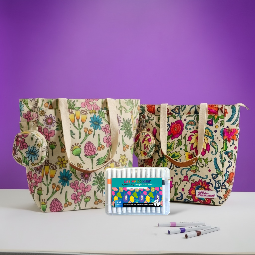 DIY Doodle Bag Bundle - Wildflower & Dreamy Flowers Tote Bags & Acrylic Markers