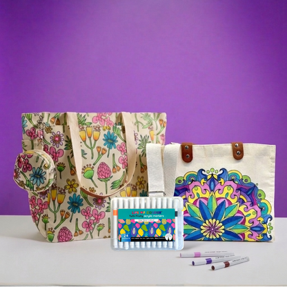 DIY Doodle Bag Bundle - Wildflower Tote Bag and Mandala Hand Bag & Acrylic Markers