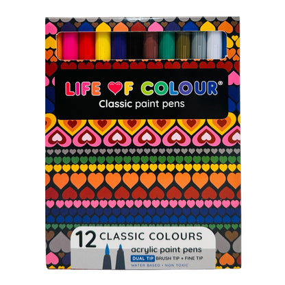 Classic Colour Dual Tip Acrylic Paint Pens - Set of 12 Brush and Fine Tip