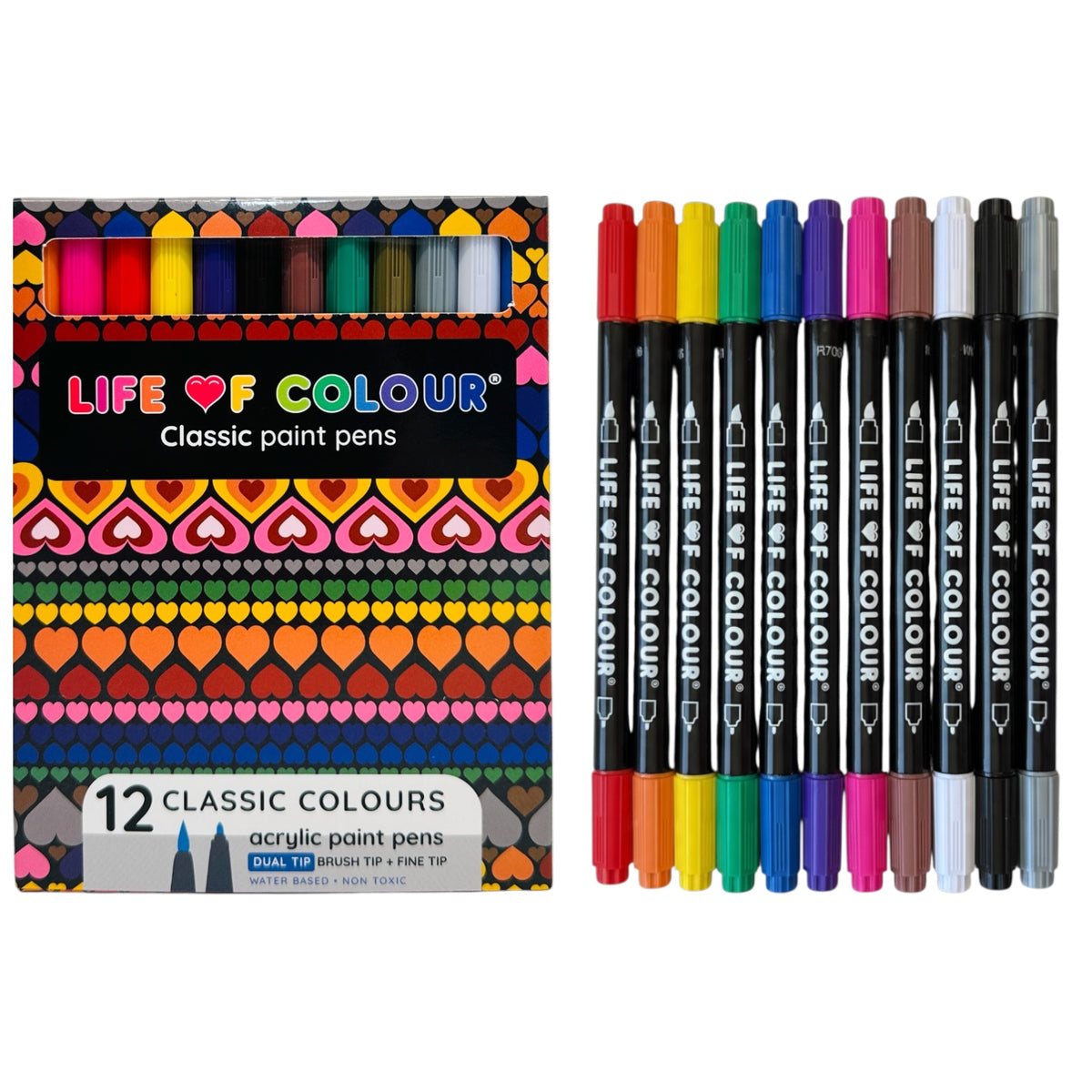 Classic Colour Dual Tip Acrylic Paint Pens - Set of 12 Brush and Fine Tip
