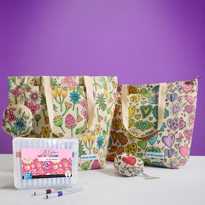 DIY Doodle Bag Bundle - Wildflower & Love Heart Tote Bags & Acrylic Markers