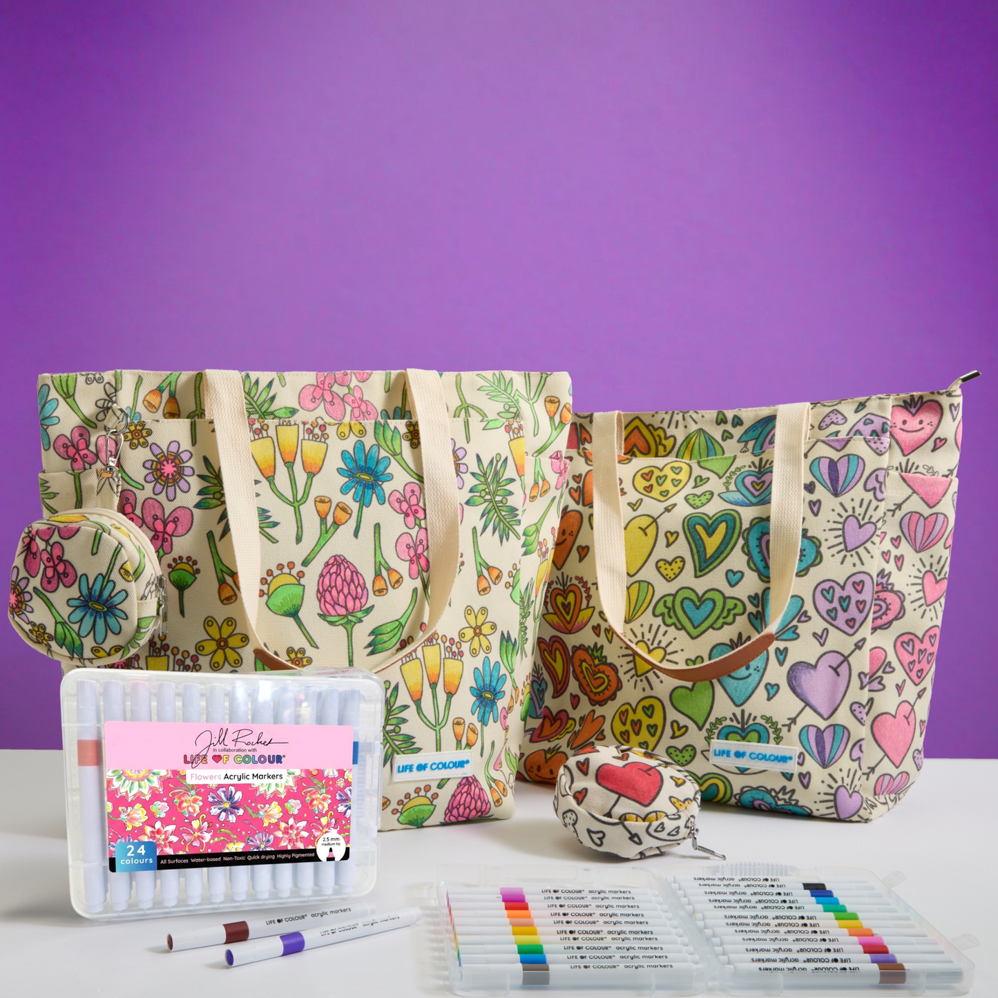 DIY Doodle Bag Bundle - Wildflower & Love Heart Tote Bags & Acrylic Markers