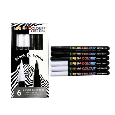 Black and White 1mm Fine Tip Acrylic Paint Pens – Set of 6