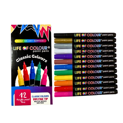 Classic Colours 1mm Fine Tip Acrylic Paint Pens - Set of 12