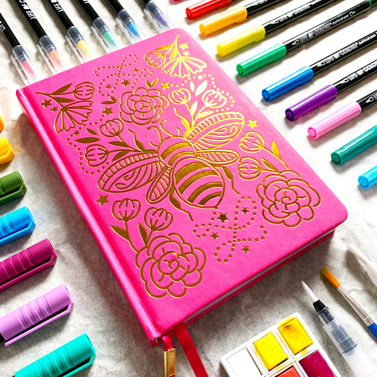 Bee A5 Art Journal (pink) - 80 black and 80 white pages