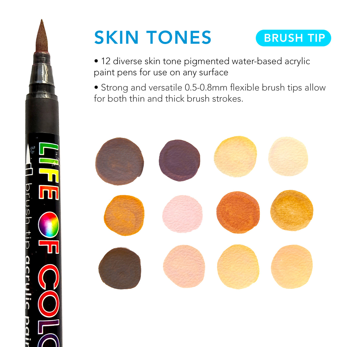 Skin Tone Brush Tip Acrylic Paint Pens - Set of 12