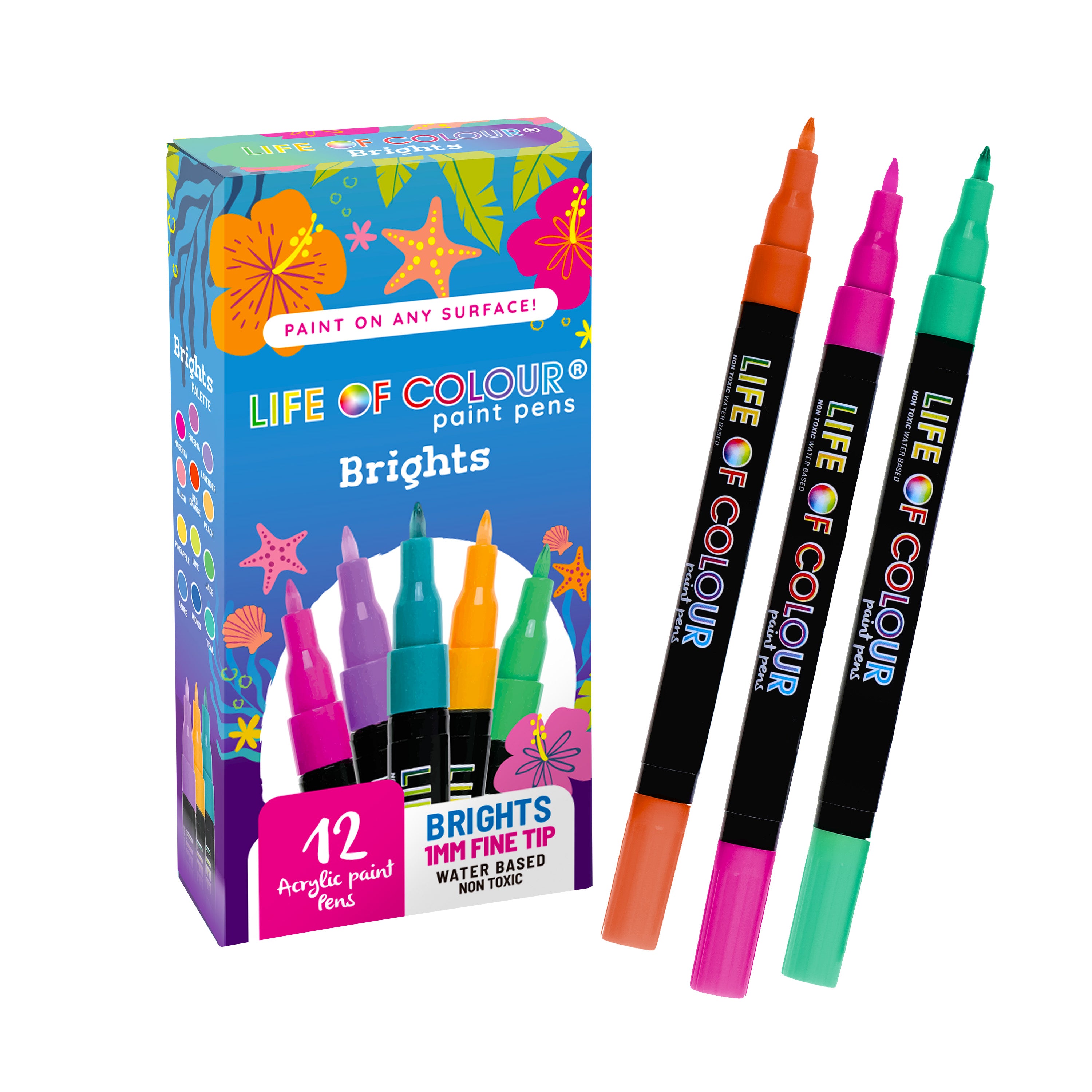 Bright Colours 1mm Fine Tip Acrylic Paint Pens Set of 12 Life of Colour