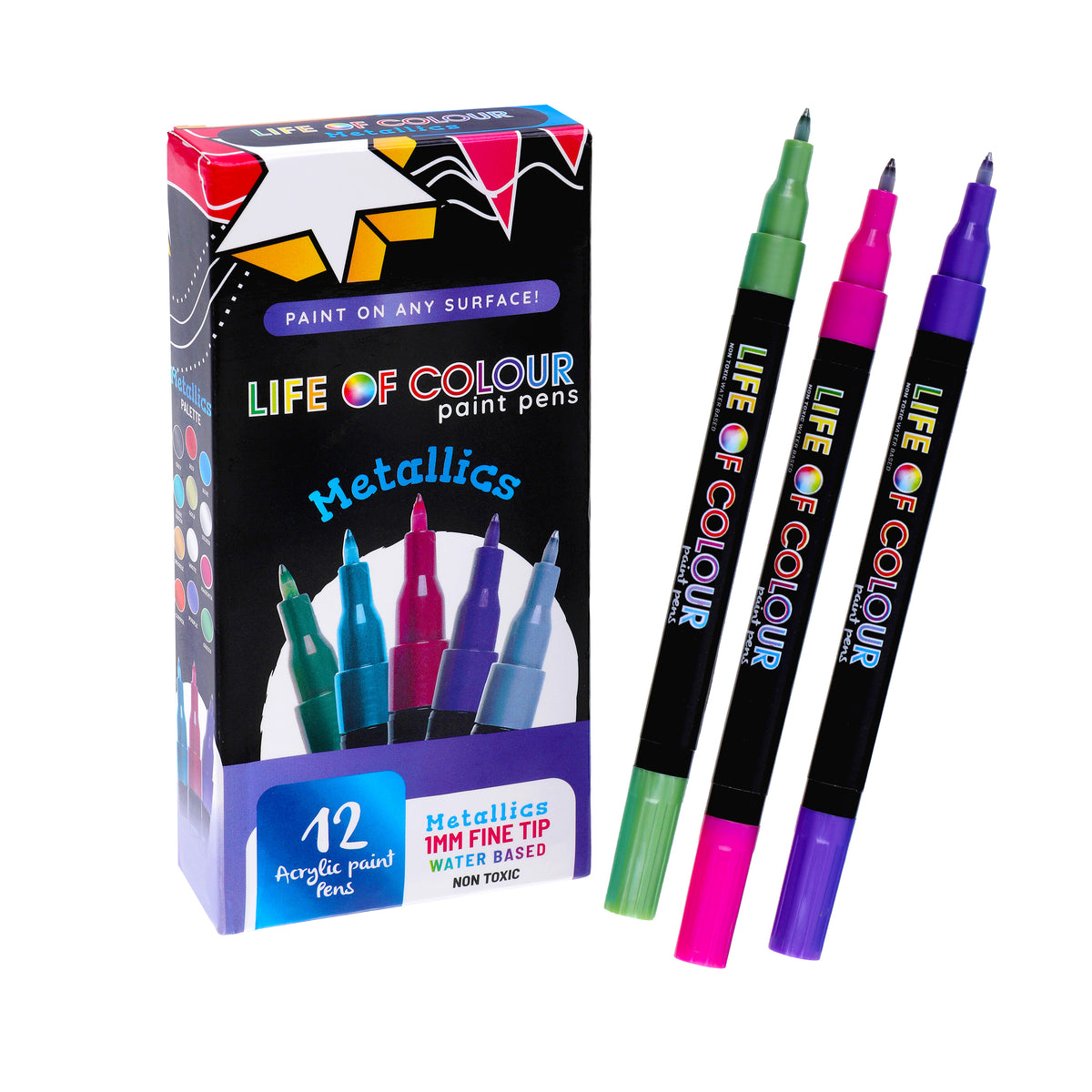Metallic 1mm Fine Tip Acrylic Paint Pens - Set of 12