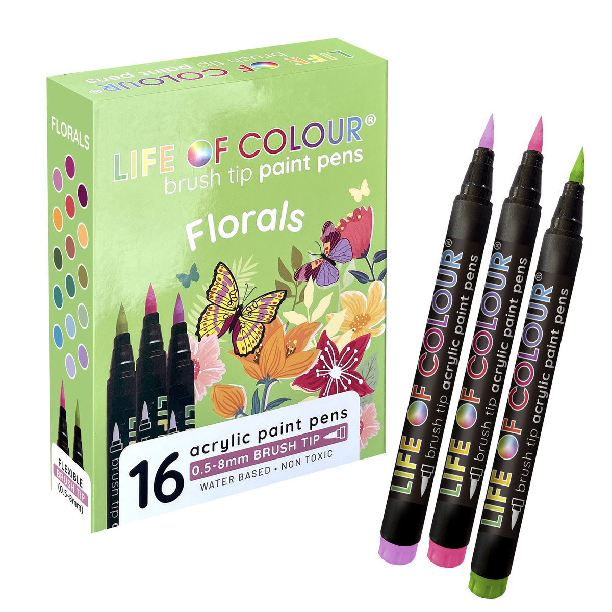 Floral Colours Brush Tip Acrylic Paint Pens - Set of 16