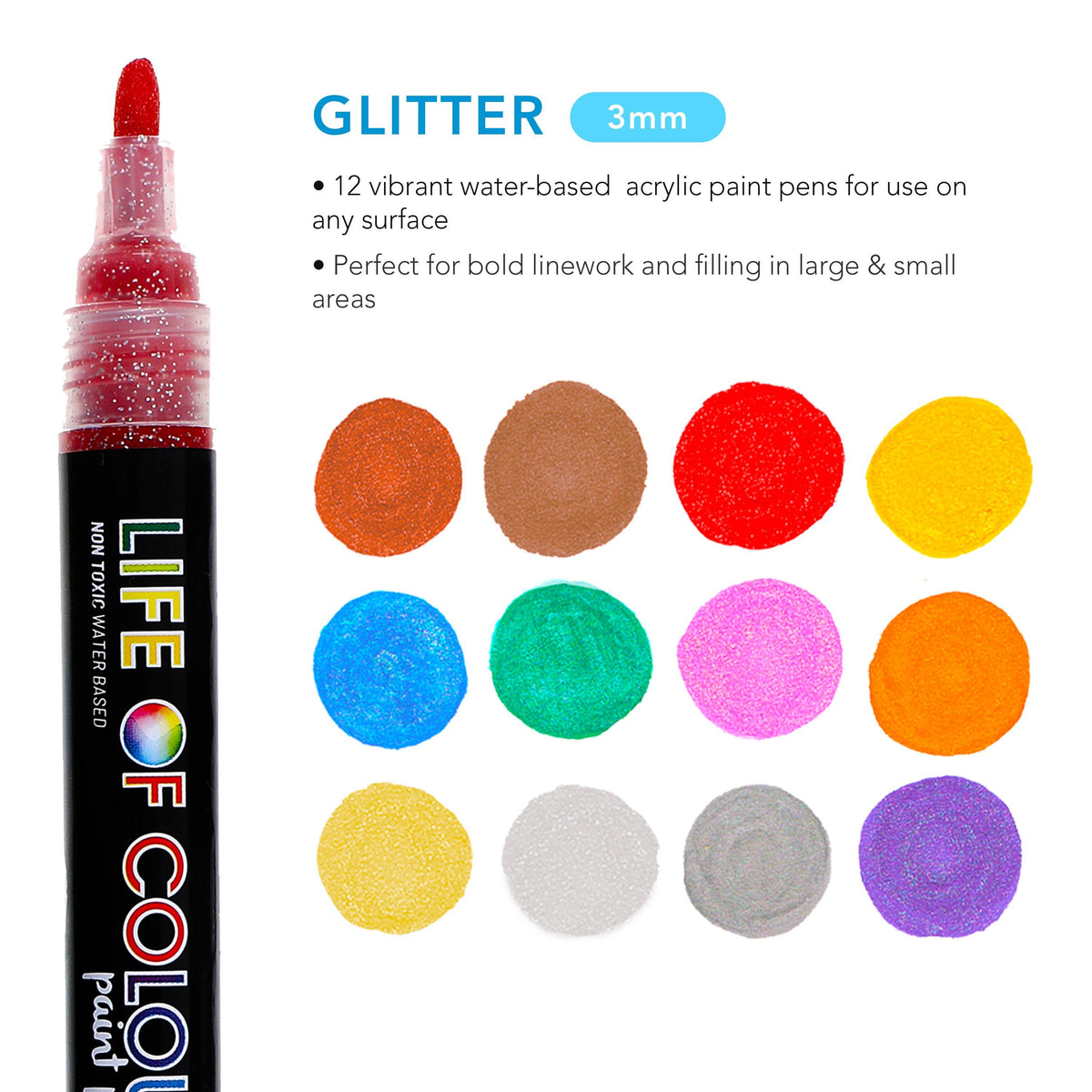 12 Colour Glitter paint pens 3mm for rock painting, all surfaces, similar  to Posca - Life of Colour