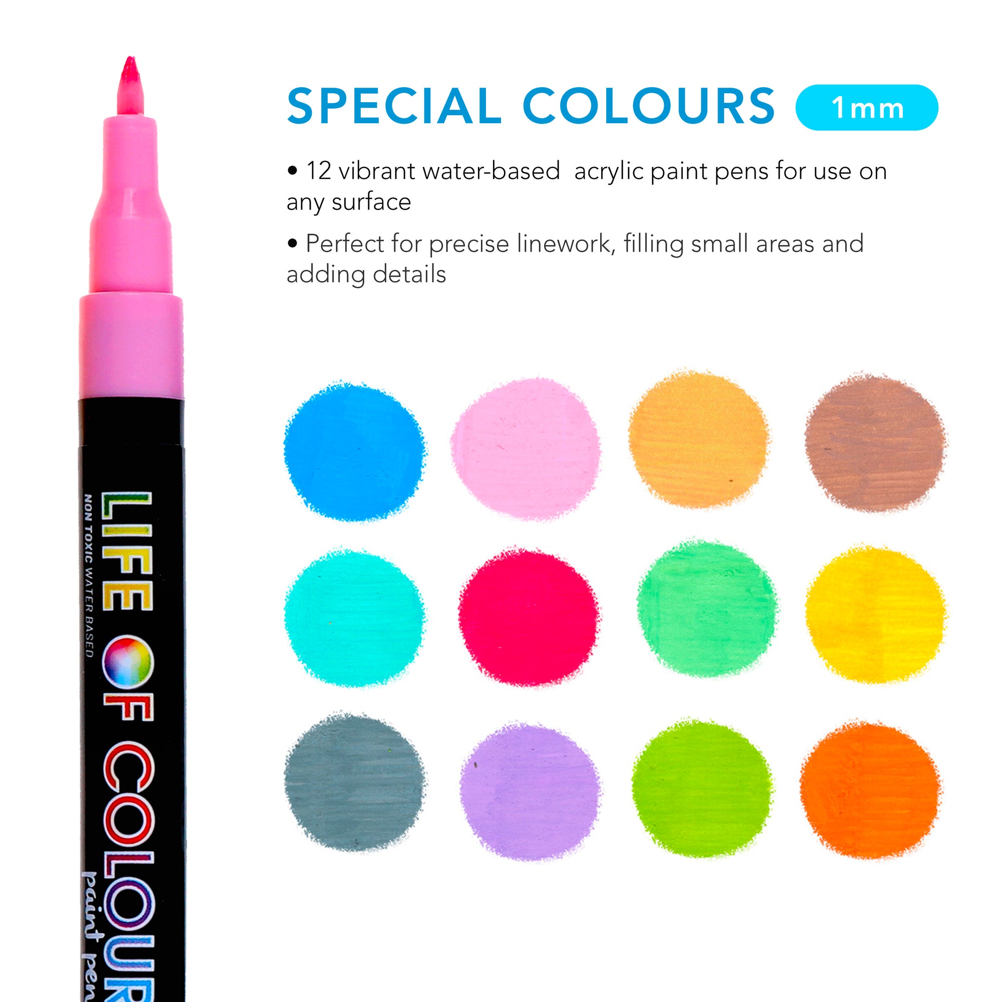 Special Colours 1mm Fine Tip Acrylic Paint Pens Set of 12 Life of