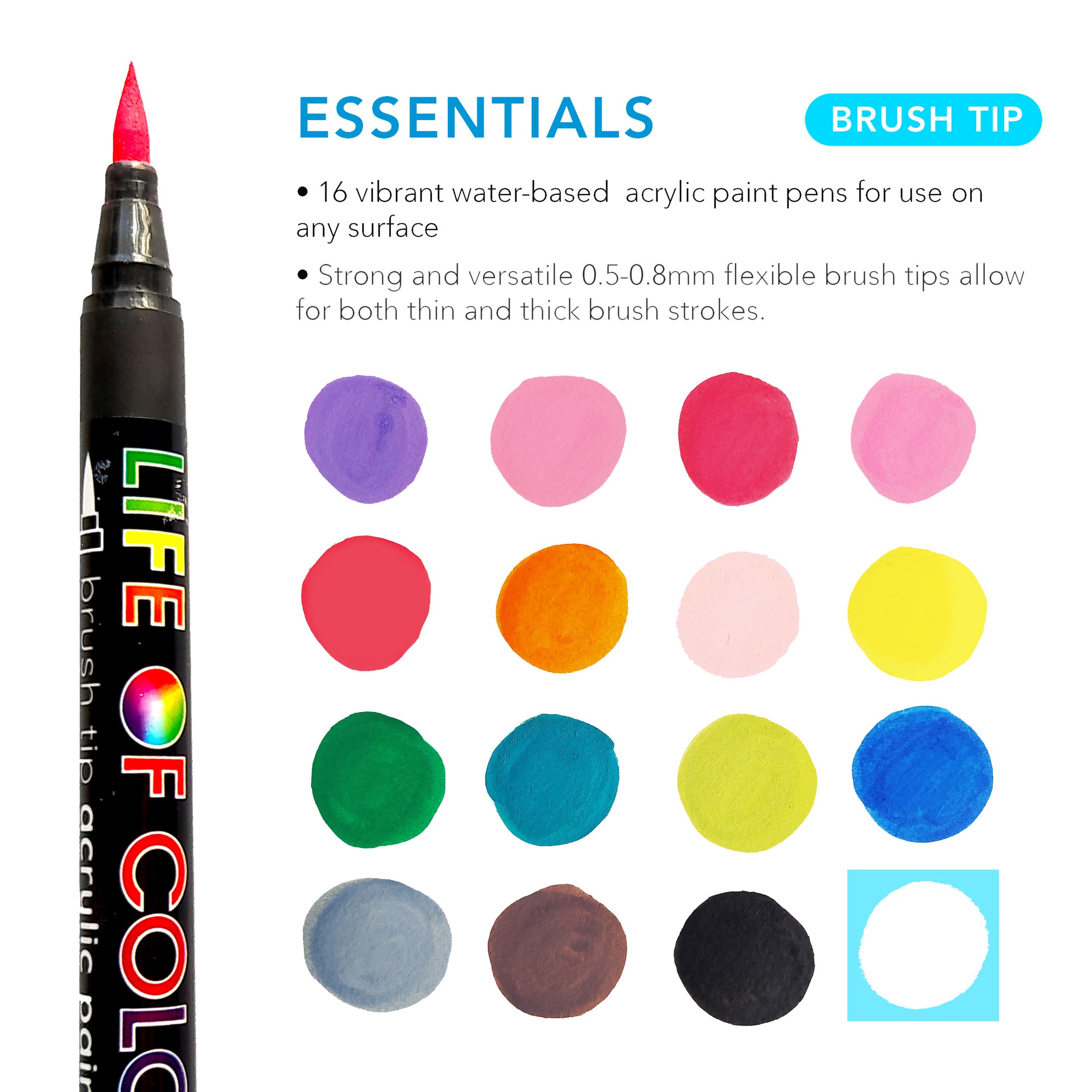 Essential Colours Brush Tip Acrylic Paint Pens Set of 16 Life of Colour