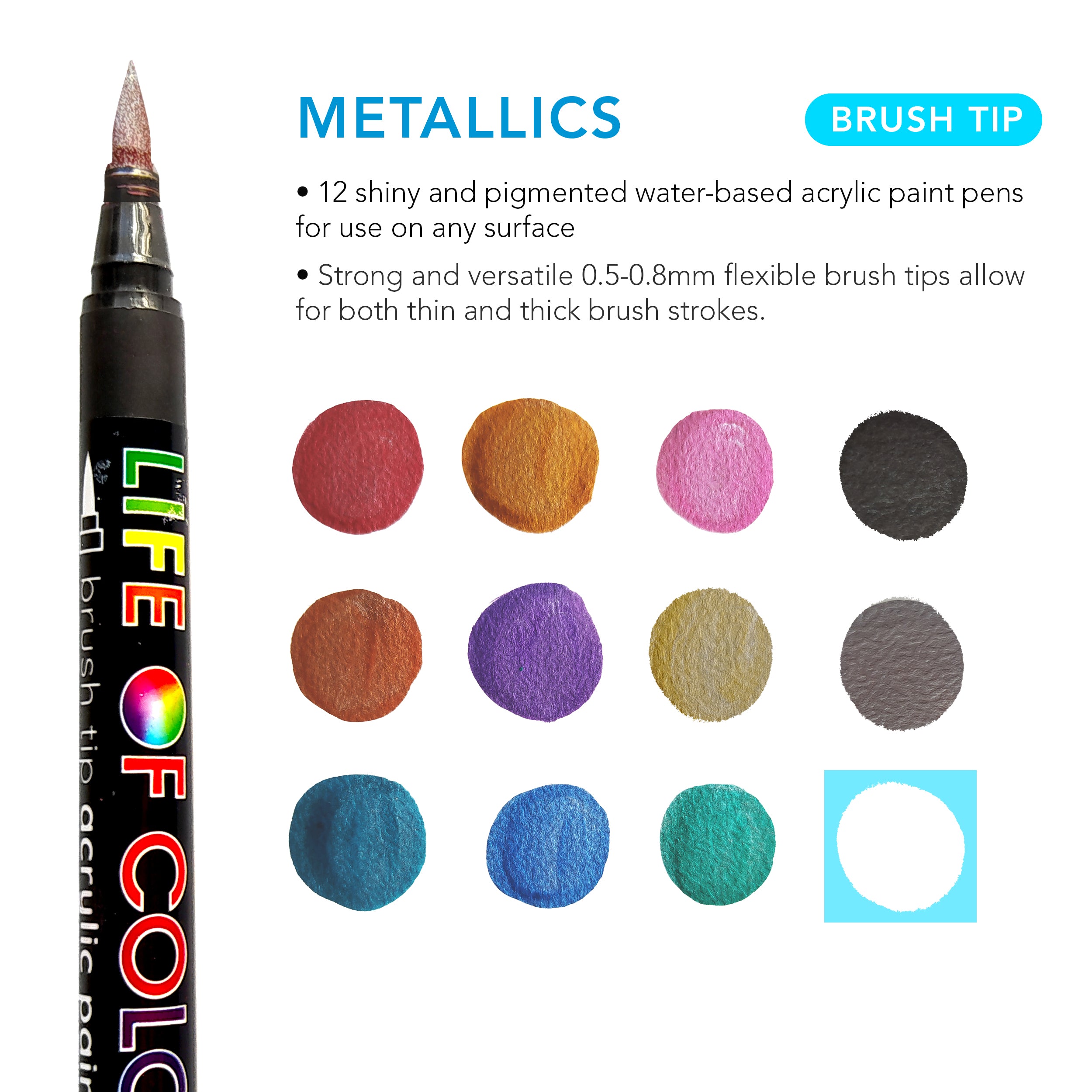Metallic Brush Tip Acrylic Paint Pens - Set of 12 - Life of Colour